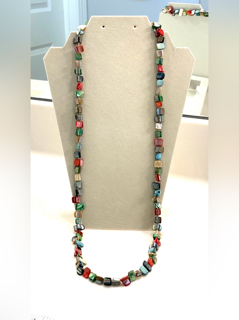 Vintage Multi Color Shell Square Bead Endless Long Strand Layering Necklace MOP